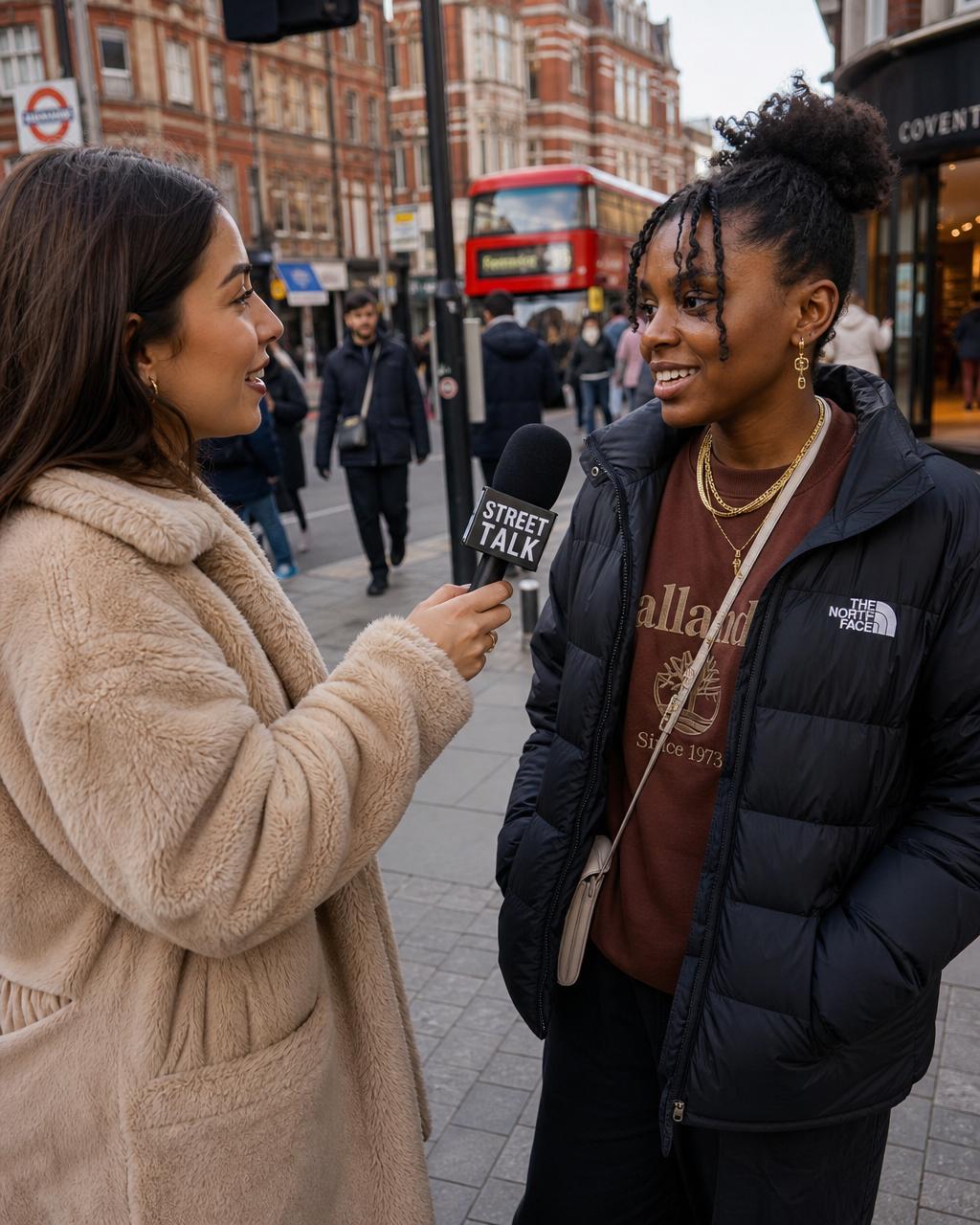 Street Social interviewer holding a branded microphone while interviewing someone on the streets of London